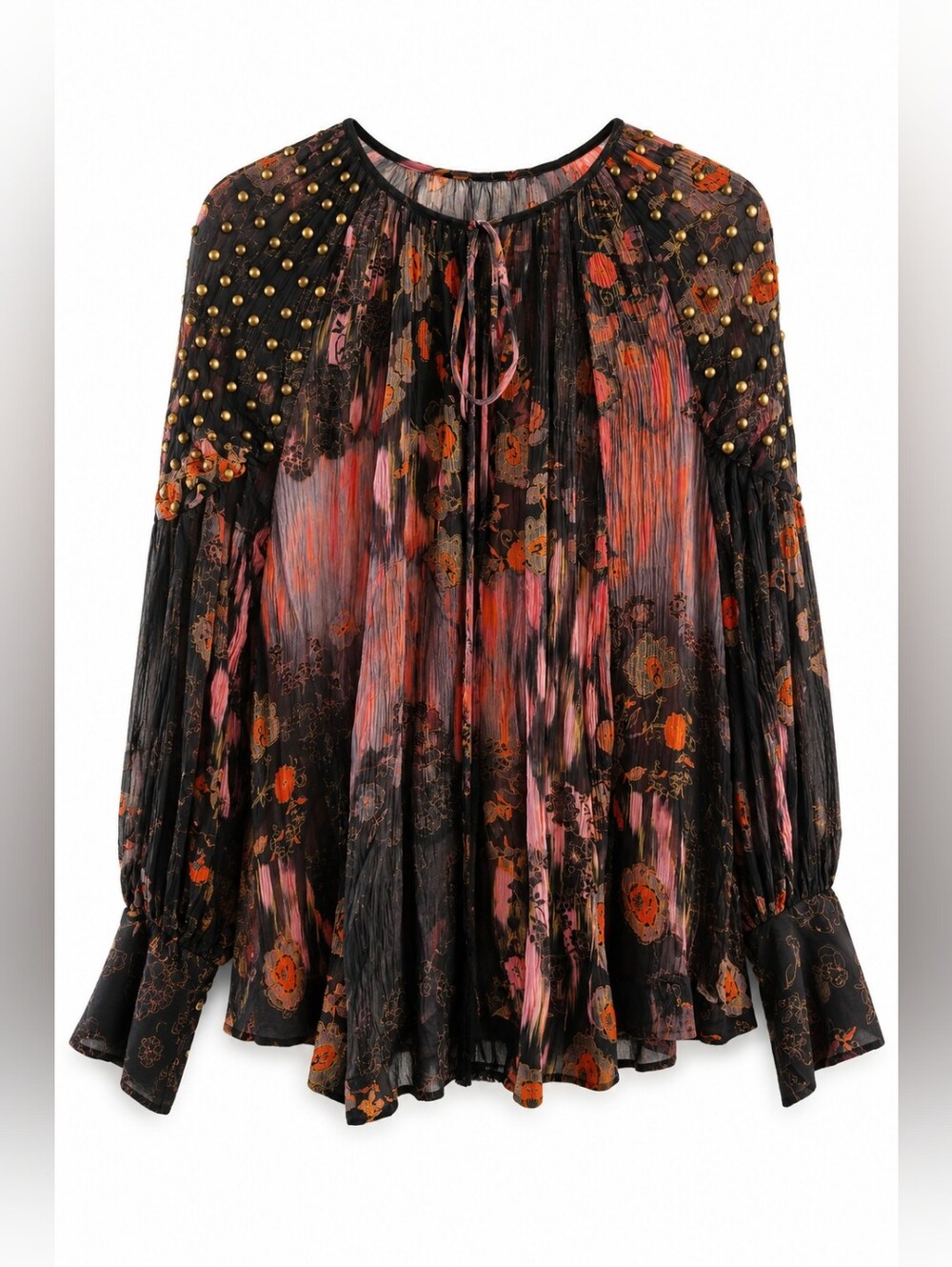 Free People Billie Tunic Sheer Floral Studded Blouse Black Pink Red S, FLAWS